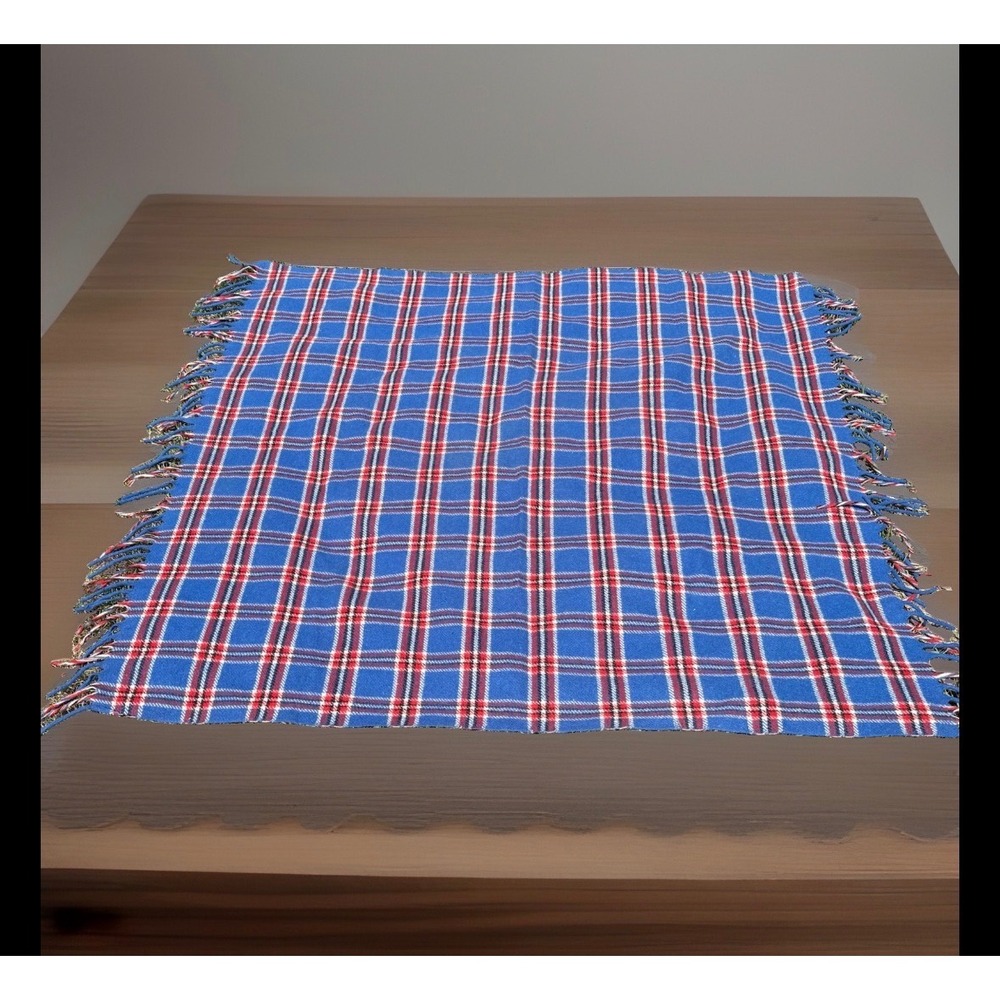 VTG Blue Plaid Wool Tartan Throw Stadium Blanket Red White Fringe Large 67x58"